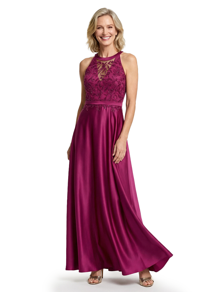 Fancy Satin Lace Halter Beaded Mother Of The Groom Dress A-Line Sleeveless