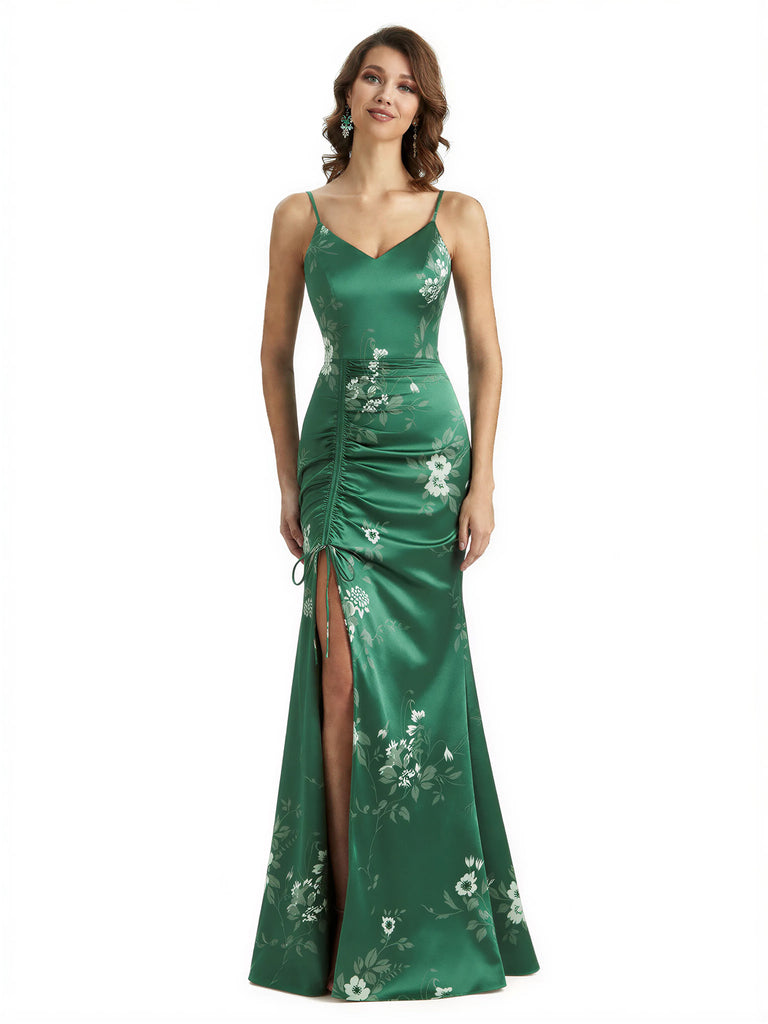 Simple Spaghetti Straps V-Neck Side Slit Mermaid Floral Satin Maxi Floral Formal Dresses For Women