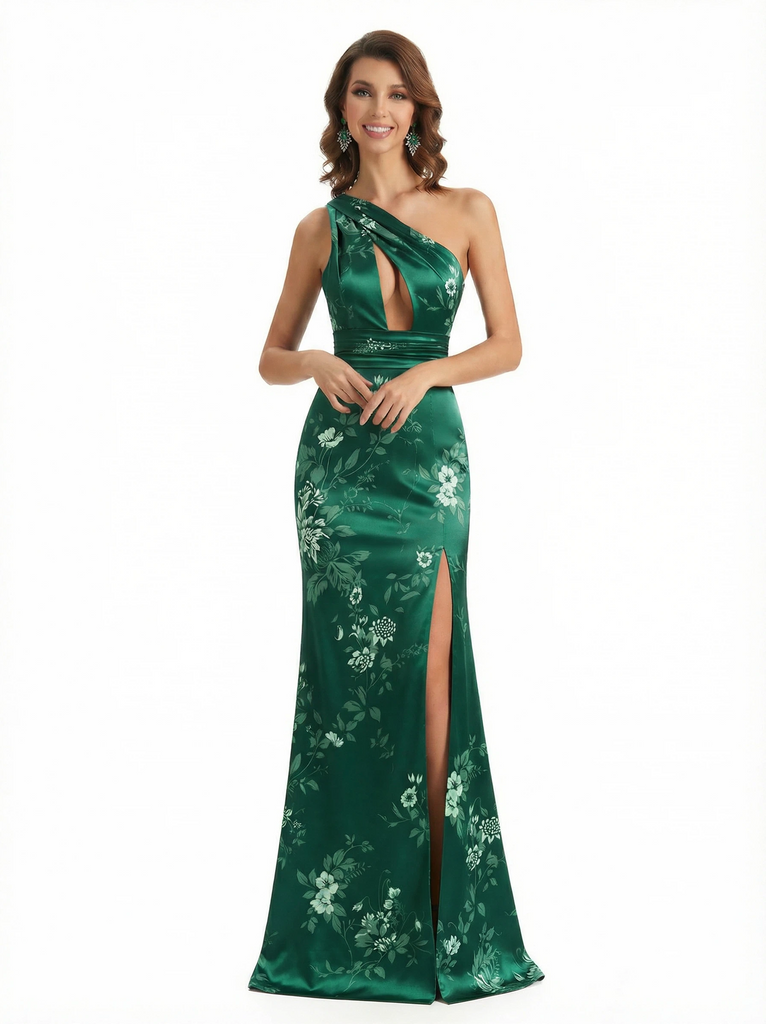 Simple One Shoulder Side Slit Mermaid Floral Satin Maxi Floral Formal Dresses For Women