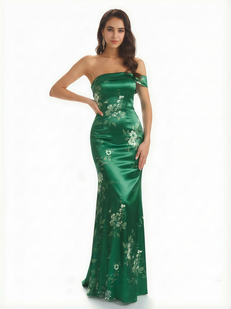 Sexy One Shoulder Sleeveless Mermaid Long Satin Floral Formal Dresses For Women