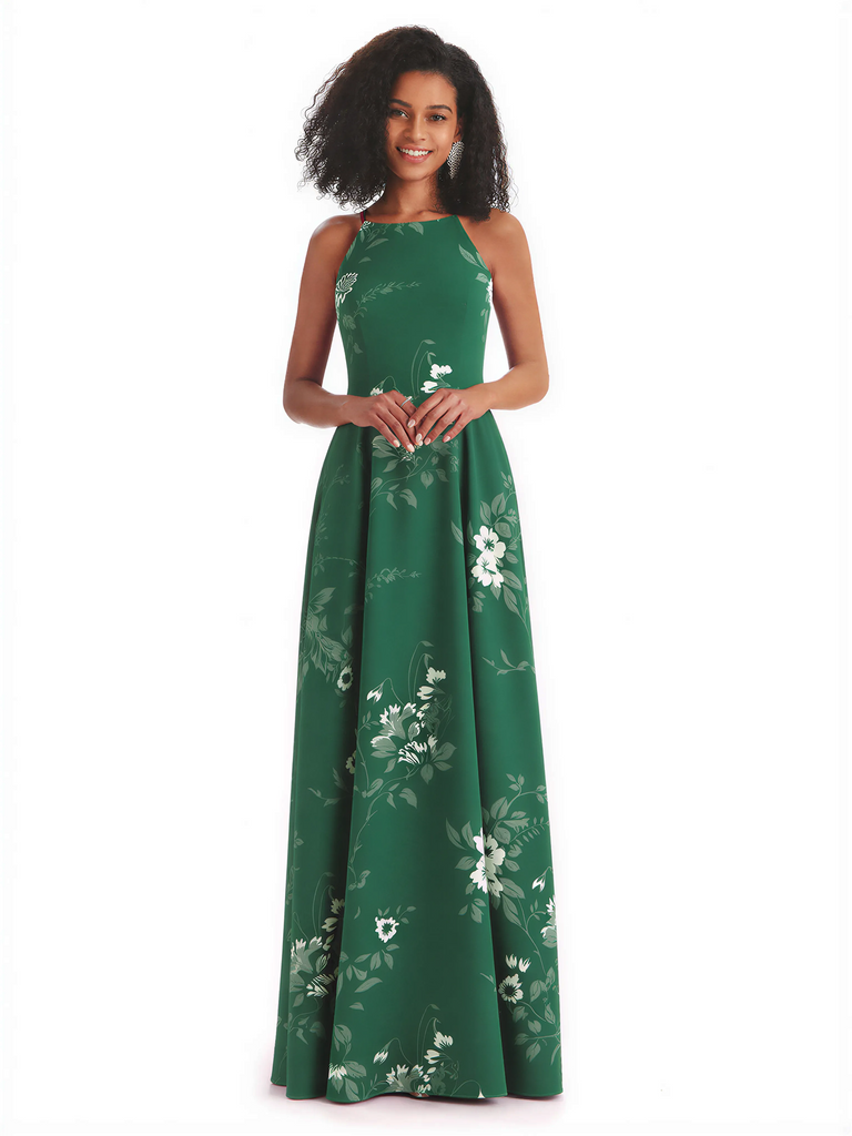Sexy Spaghetti Straps A-line Long Satin Floral Formal Dresses For Women
