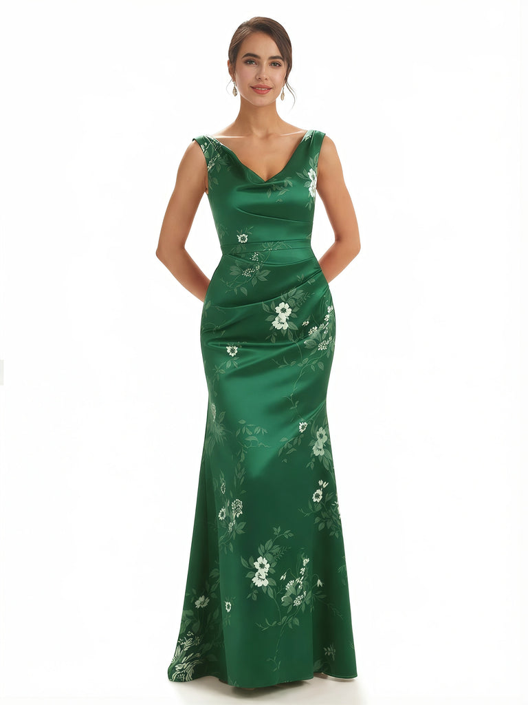Trendy V-Neck Mermaid Floral Satin Maxi Floral Formal Evening Dresses For Women