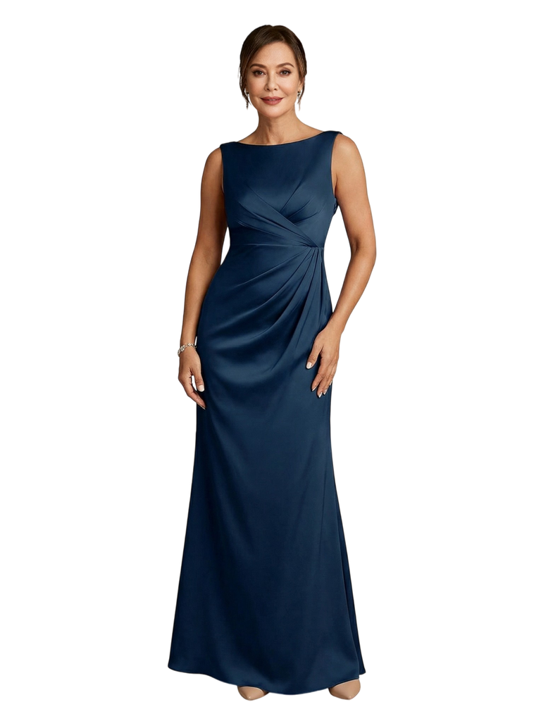 ChicSew Boat Neck Satin Mermaid Long Mother Of The Bride Dress With Ruched Waistline