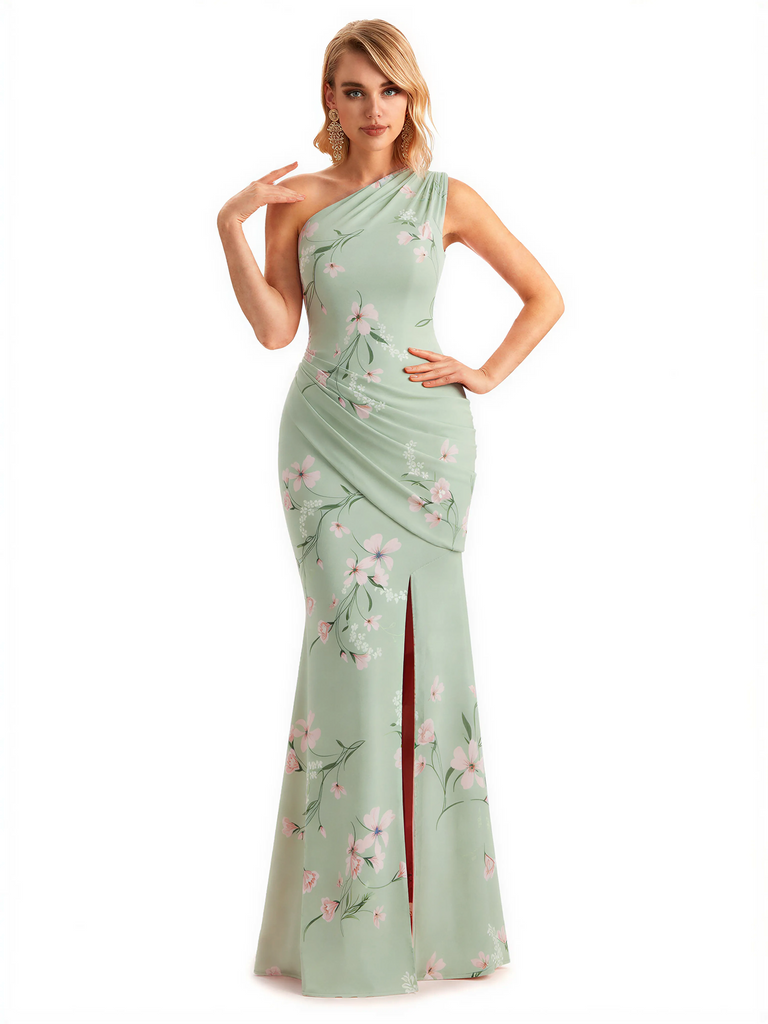 Sexy One Shoulder Side Slit Mermaid Long Satin Floral Formal Dresses For Women