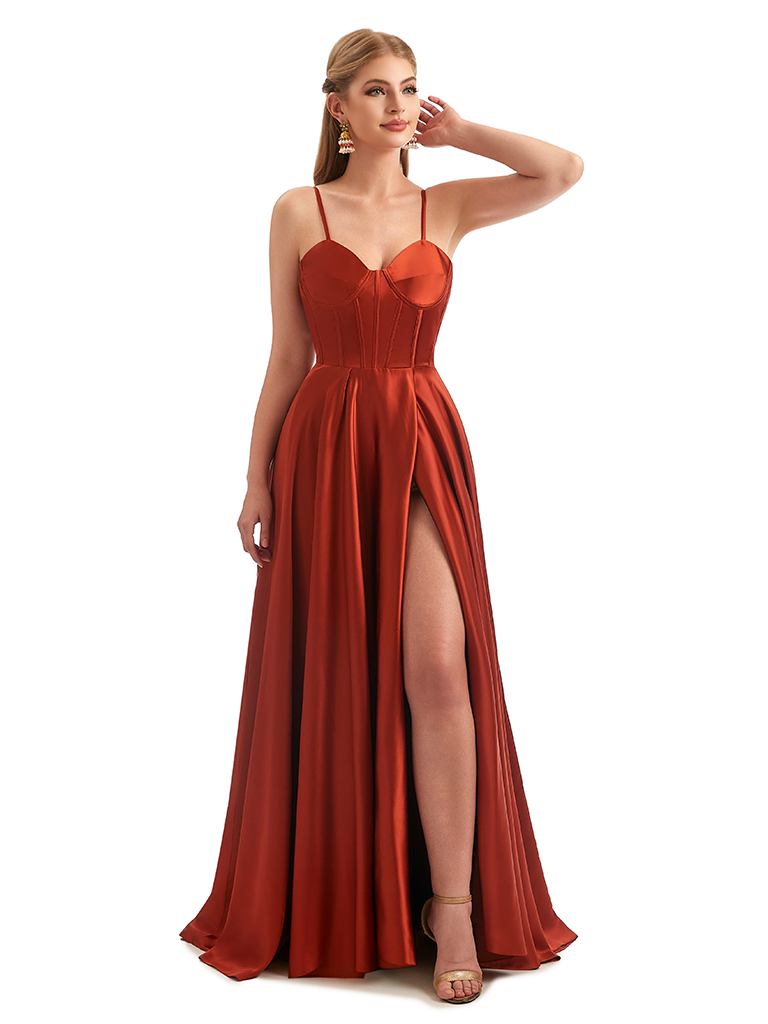 Sexy Spaghetti Straps Boning Side Slit A-Line Ruched Satin Long Formal Dresses For Women