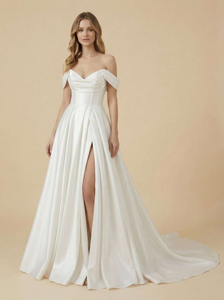 A-Line Off The Shoulder Side Slit Boning Maxi Long Satin Wedding Gowns Online