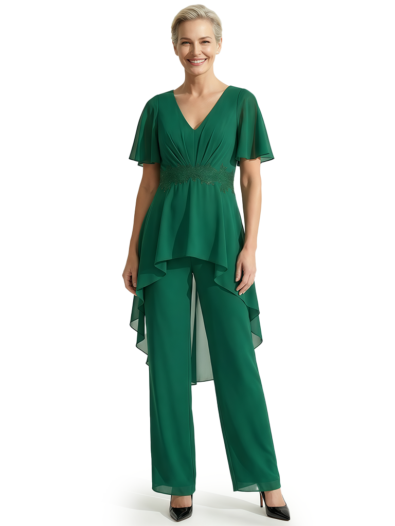 Unique V-Neck Chiffon Mother Of The Bride PantSuit With Flutter Sleeves