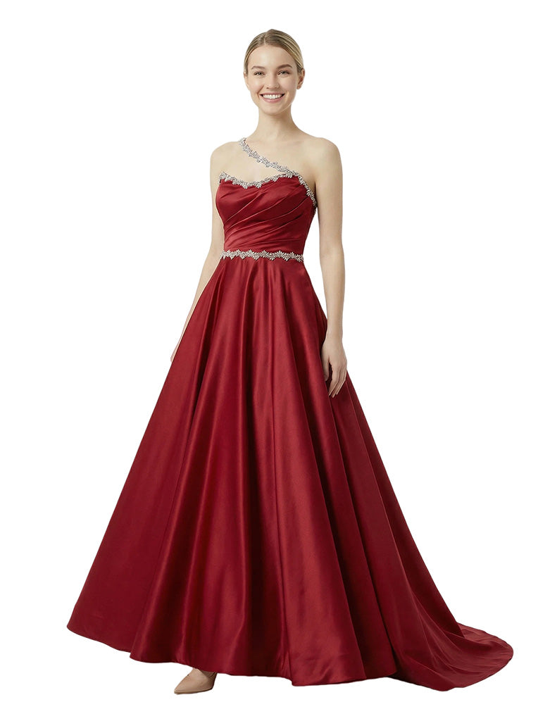 Glamorous One Shoulder Beaded Satin Ball Gown Prom Dresses
