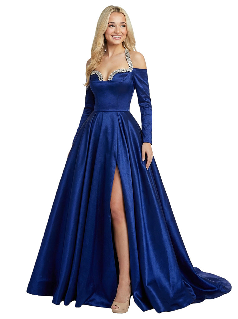 Elegant Long Sleeves Ruched Rhinestone A-Line Satin Maxi Prom Dress With Train