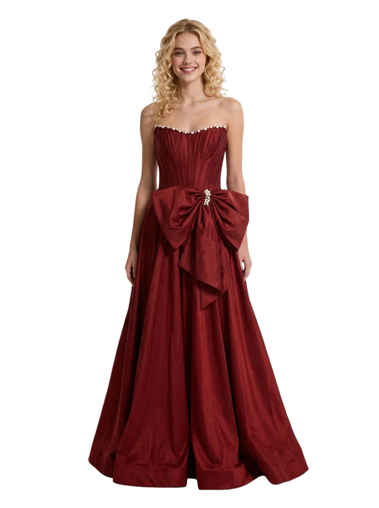 Unique Pearl Trim Corset Prom Dress Strapless A-Line Evening Gown With Giant Bow