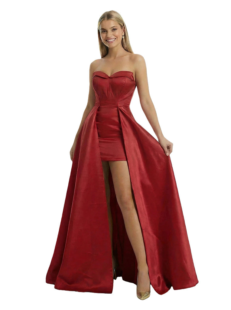 Sexy Strapless Satin Cocktail Dresses Sweetheart Prom Gown Overskirt