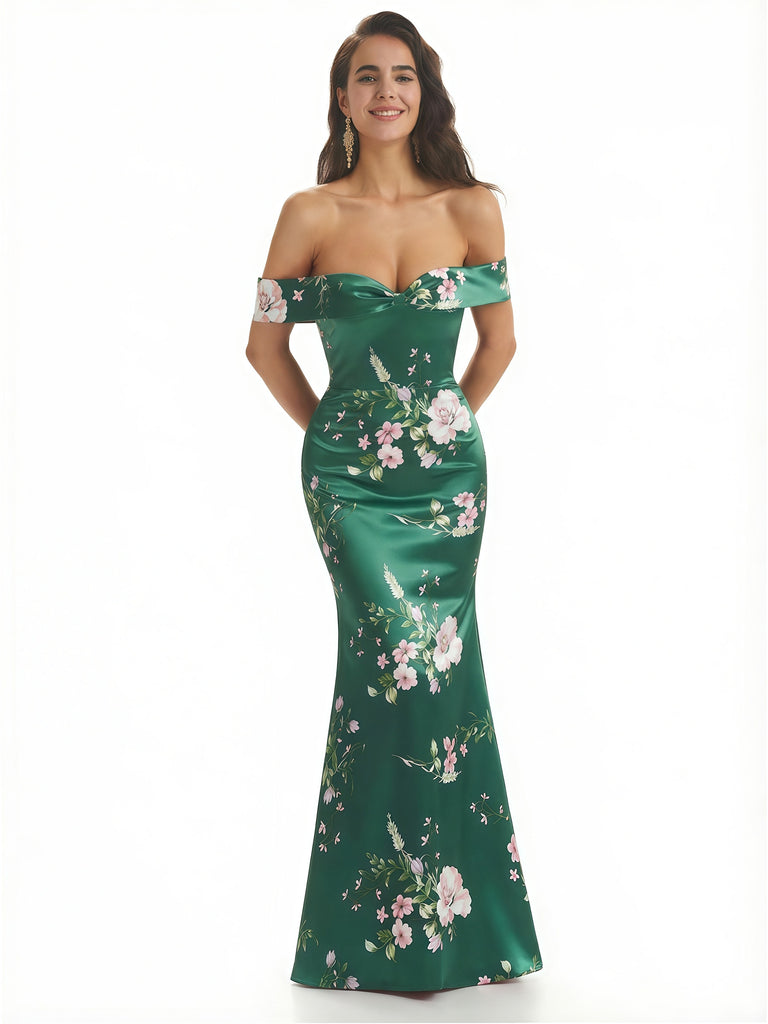 Elegant Off Shoulder Mermaid Floral Satin Maxi Floral Formal Evening Dresses