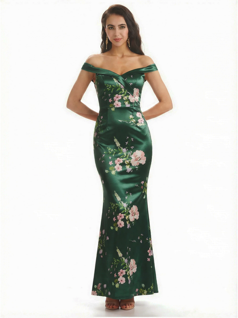 Simple Off Shoulder Mermaid Floral Satin Maxi Floral Formal Dresses For Women