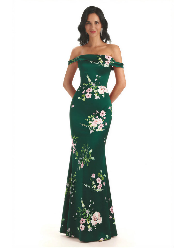 Trendy Off Shoulder Mermaid Floral Satin Maxi Floral Evening Formal Dresses