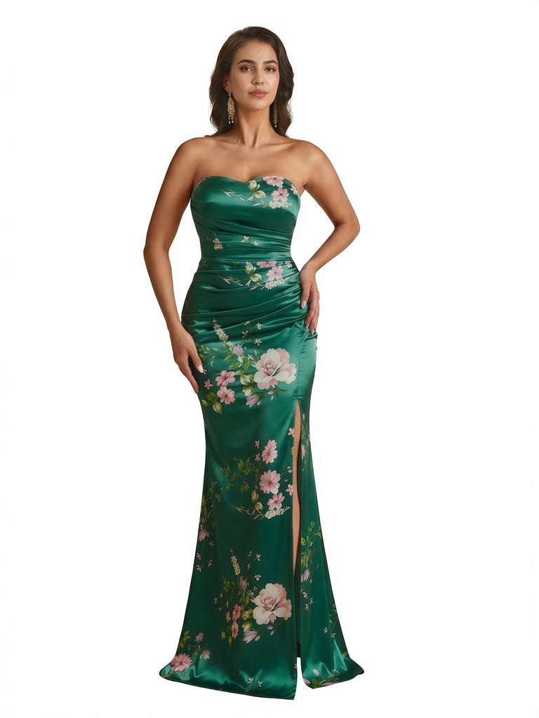 Trendy Sweetheart Strapless Side Slit Mermaid Long Satin Floral Formal Dresses For Women