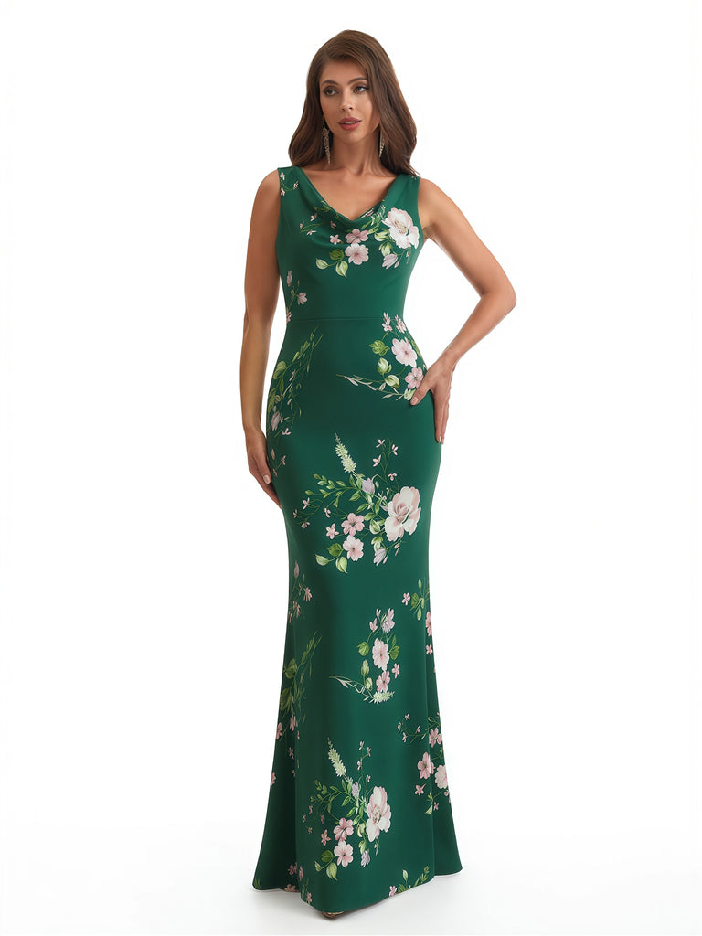Elegant Spaghetti Straps Cowl Mermaid Long Satin Floral Formal Evening Dresses For Ladies