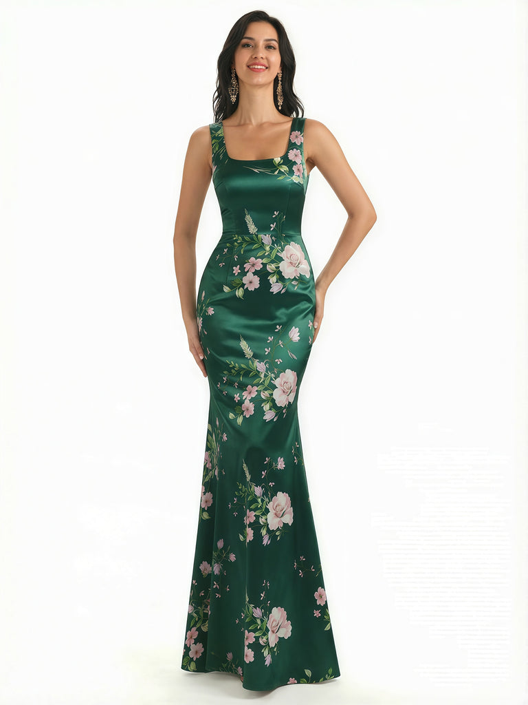 Elegant Spaghetti Straps Square Mermaid Long Satin Floral Formal Evening Dresses For Ladies