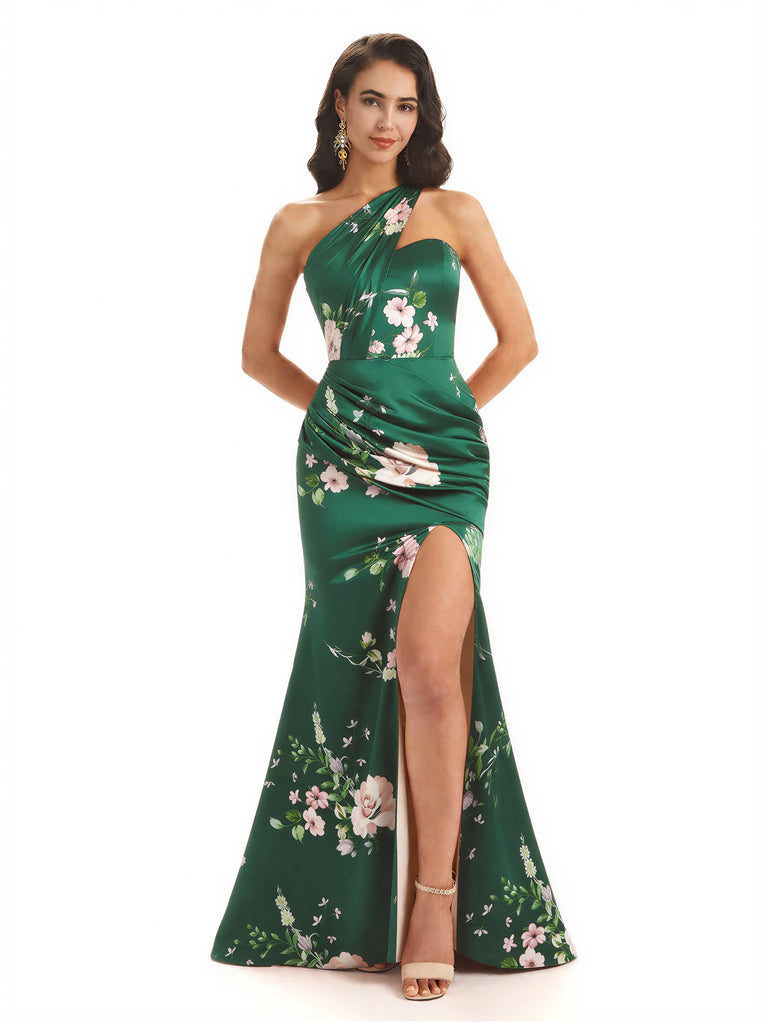 Sexy One Shoulder Side Slit Mermaid Satin Floral Formal Dresses For Women
