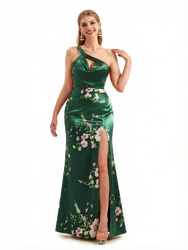 Beautiful One Shoulder Side Slit Mermaid Floral Satin Maxi Floral Formal Dresses For Women