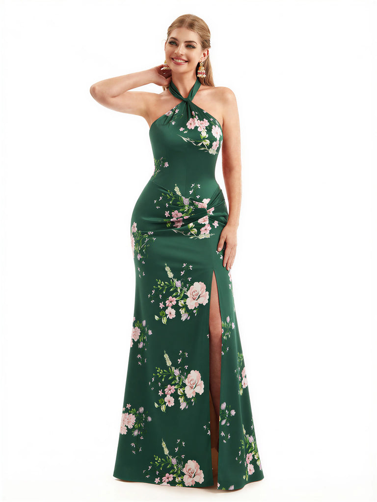 Beautiful Halter Side Slit Mermaid Floral Satin Maxi Floral Formal Dresses For Women