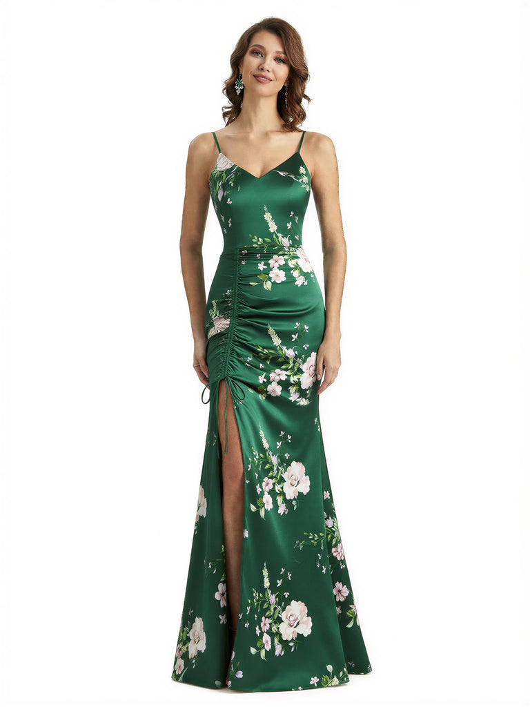 Simple Spaghetti Straps V-Neck Side Slit Mermaid Floral Satin Maxi Floral Formal Dresses For Women