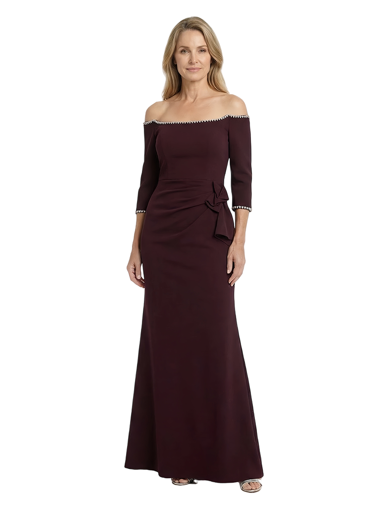 Chicsew Pretty Off Shoulder 3/4 Sleeves Maxi Mermaid Crepe Simple Mother of The Groom Dress