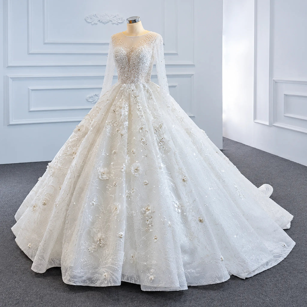 ChicSew Luxurious Beaded Illusion Ball Gown Wedding Dress With 3D Floral Applique