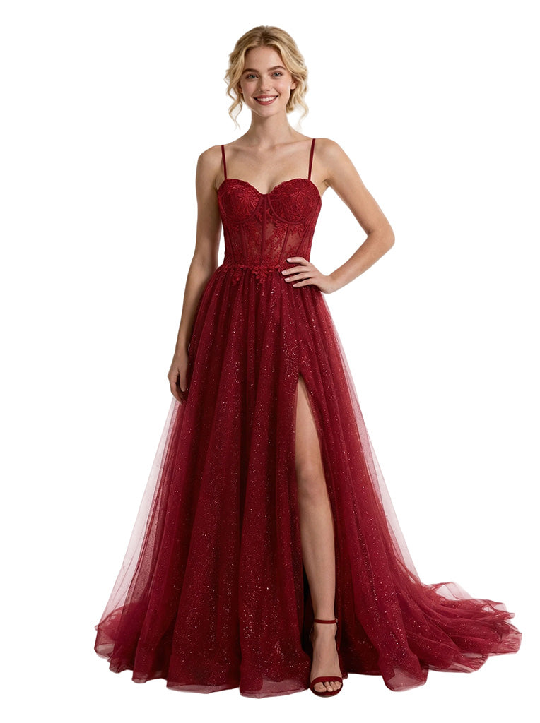 Gorgeous Spaghetti Straps Side Slit Glitter Tulle A-line Boning Floor-Length Evening Prom Dresses