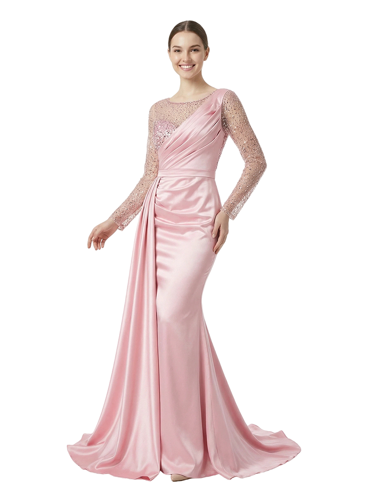 Unique Scoop Mermaid Sparkly Sequined Long Sleeves Satin Prom Dress With Waist Drape