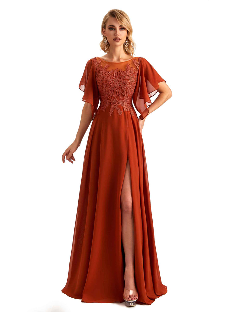 Elegant Side Slit Chiffon Short Sleeves Lace Long Mother of the Brides Dresses