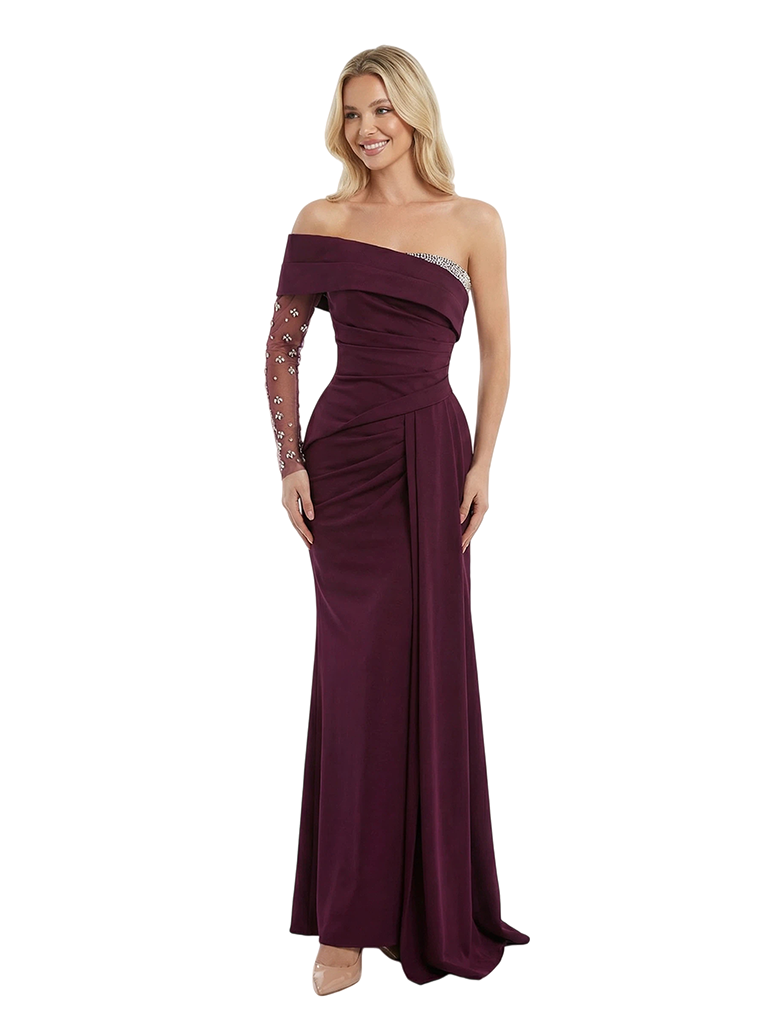 Asymmetrical One Shoulder Jersey Beaded Lace Sleeve Ruched Prom Dress