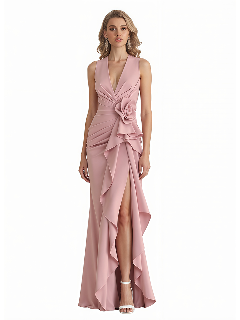 Sexy V-Neck Stretchy Crepe Side Slit Ruffle Sheath Long Evening Gowns For Women