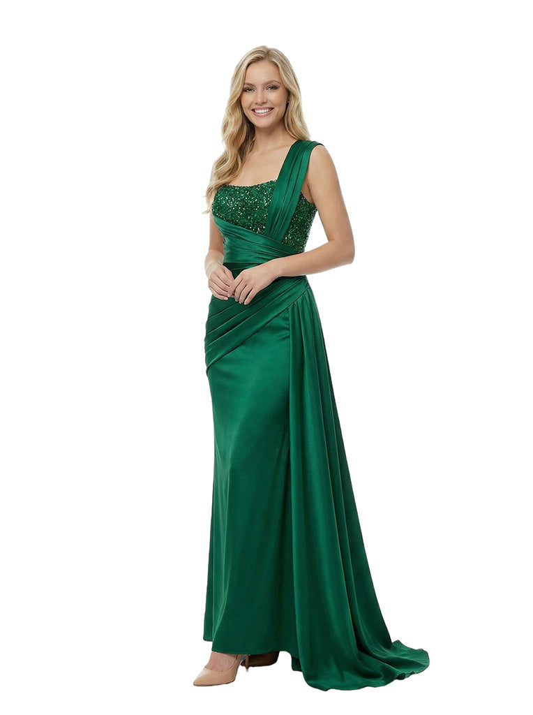 Stunning One Shoulder Sequin Satin Prom Gown Unique Mermaid Long Dress With Waist Drape