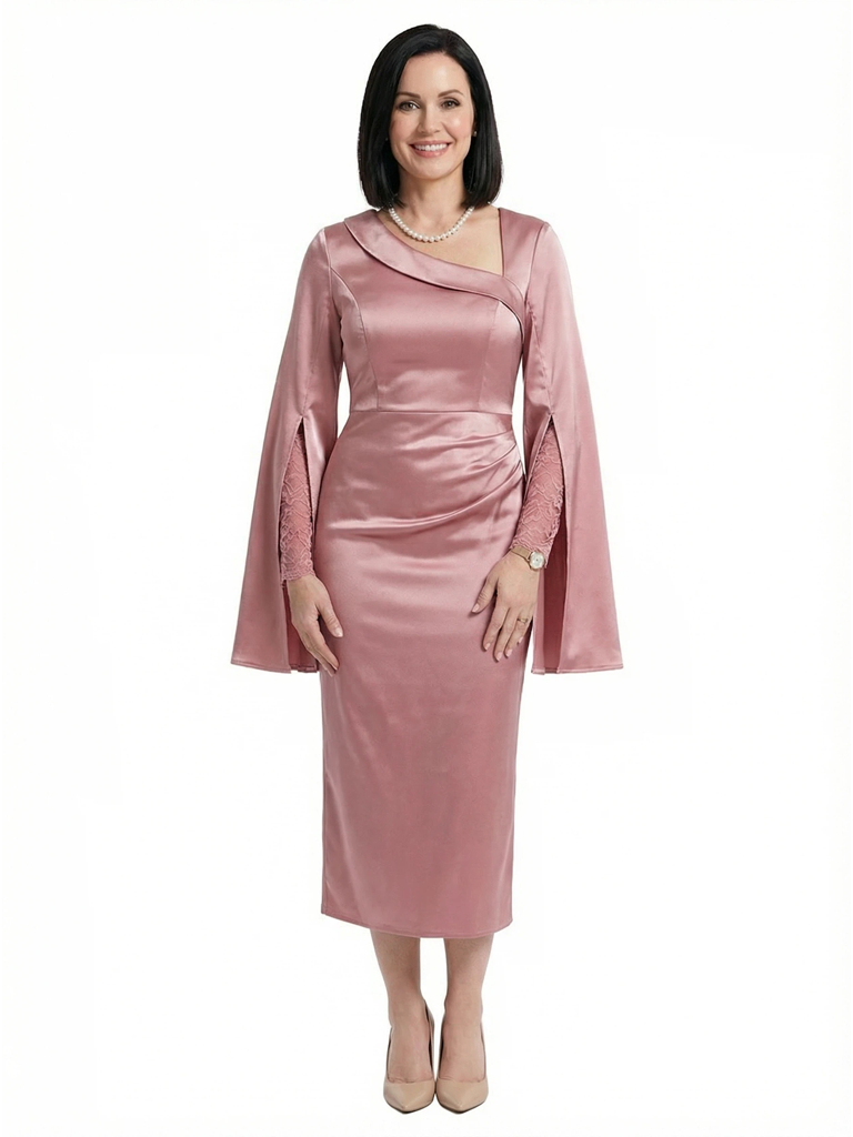 Chicsew Vintage Asymmetric Long Sleeves With Lace Satin Mermaid Mother of The Bride Dress