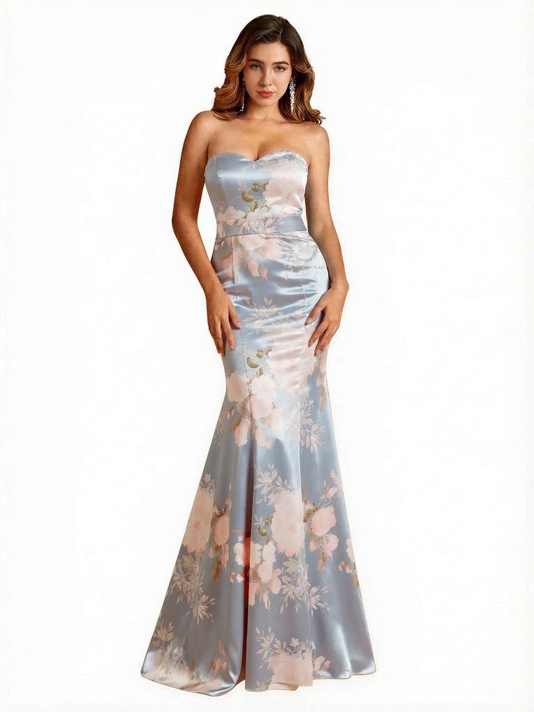 Sexy Sweetheart Mermaid Long Satin Floral Formal Dresses For Women