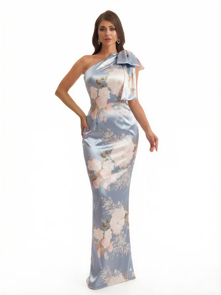 Elegant One Shoulder Mermaid Long Satin Floral Formal Dresses For Women With Back Slit