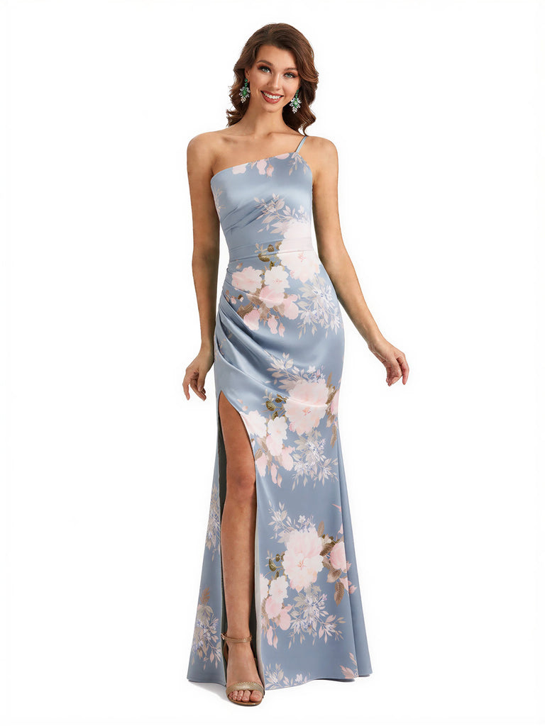 Simple One Shoulder Side Slit Sleeveless Mermaid Floral Satin Maxi Floral Formal Dresses For Women