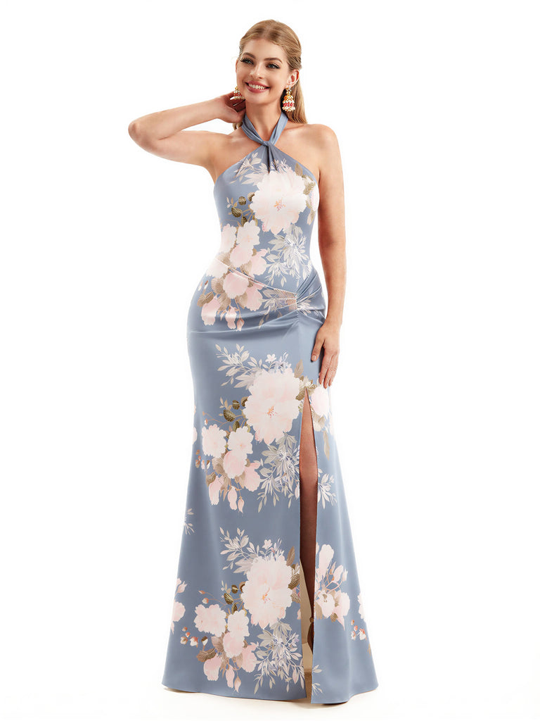 Beautiful Halter Side Slit Mermaid Floral Satin Maxi Floral Formal Dresses For Women