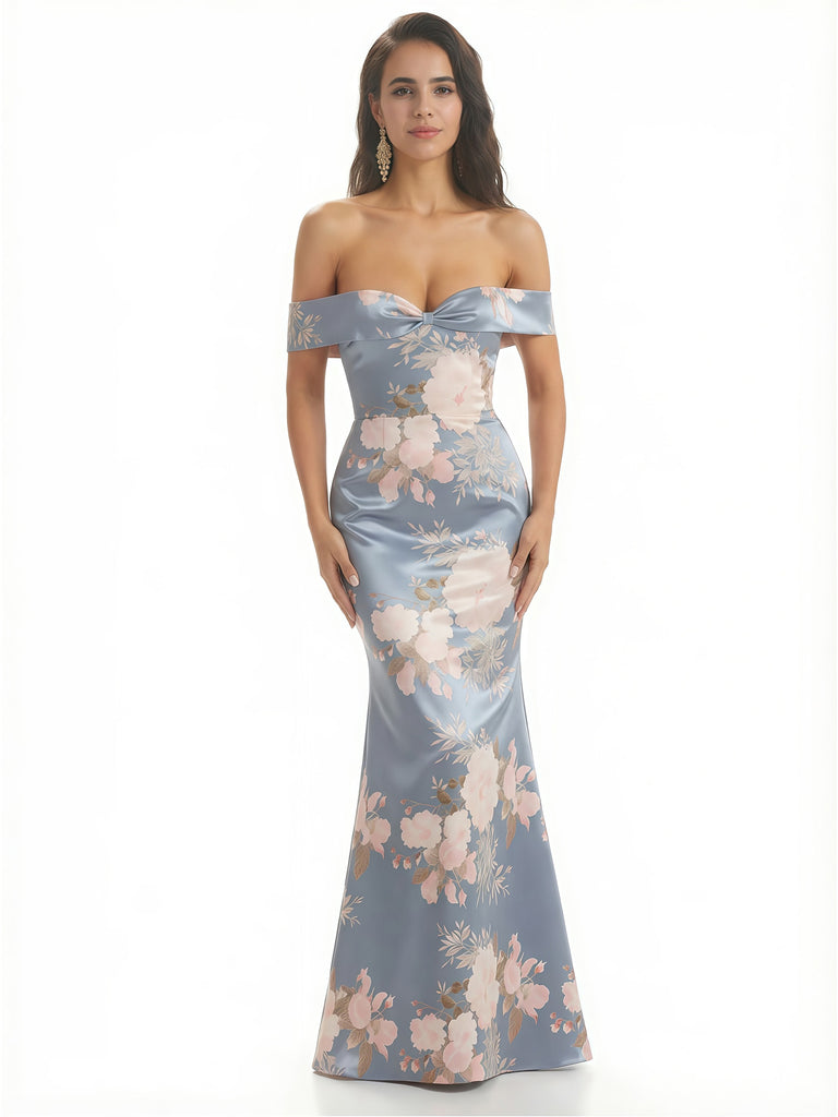 Elegant Off Shoulder Mermaid Floral Satin Maxi Floral Formal Evening Dresses