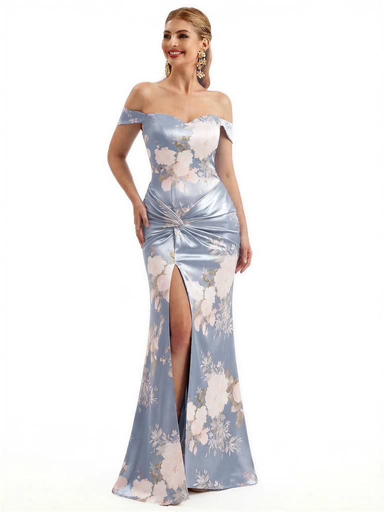 Beautiful Off Shoulder Side Slit Mermaid Floral Satin Maxi Floral Formal Dresses For Women