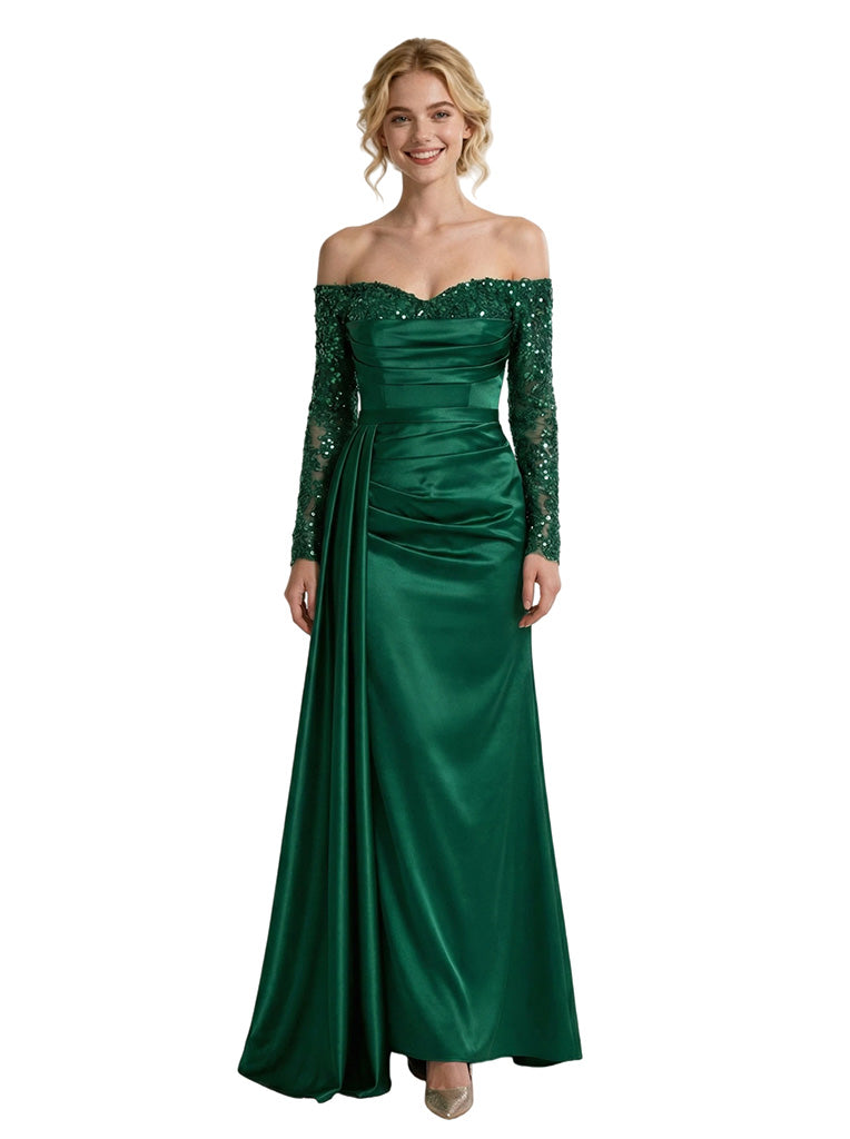 Glamorous Off The Shoulder Long Sleeve Mermaid Satin Prom Dress With Waist Drape