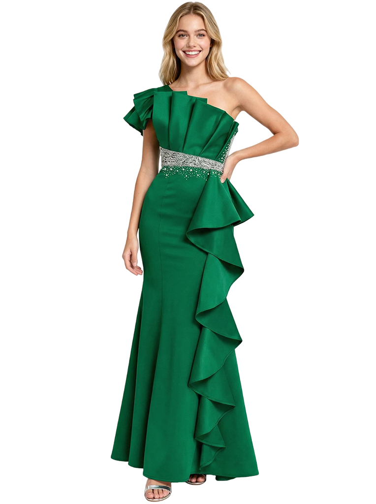 Modern Satin One Shoulder Tiered Ruffle Beaded Mermaid Floor-Length Prom Dress