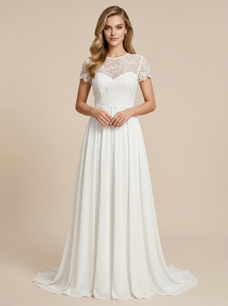 A-Line Short Sleeves Jewel Lace Chiffon Maxi Long Beach Wedding Gowns