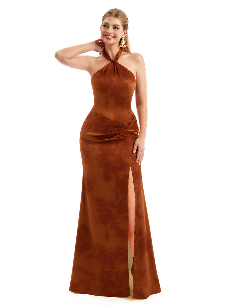 Beautiful Halter Side Slit Mermaid Floral Satin Maxi Floral Formal Dresses For Women