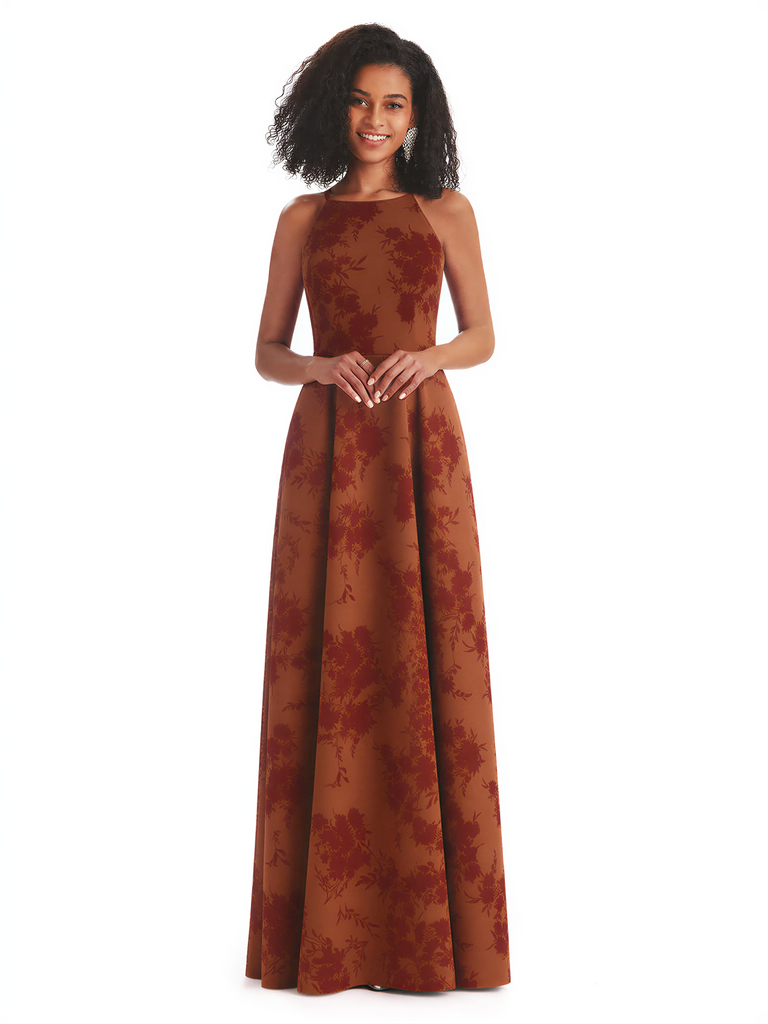 Sexy Spaghetti Straps A-line Long Satin Floral Formal Dresses For Women