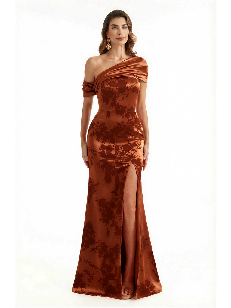 Elegant Asymmetrical Side Slit Mermaid Long Satin Floral Formal Dresses For Women