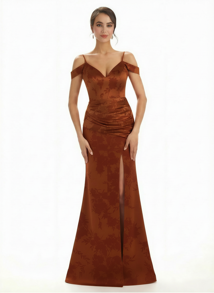 Trendy Cold Shoulder Side Slit Mermaid Floral Satin Maxi Floral Formal Dresses For Ladies
