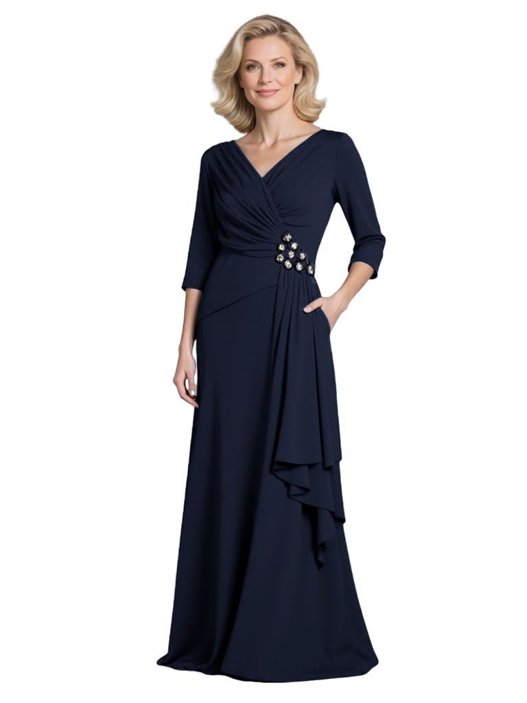 Elegant 3/4 Sleeves V-Neck A-Line Crepe Long Mother of The Bride and Groom Dresses