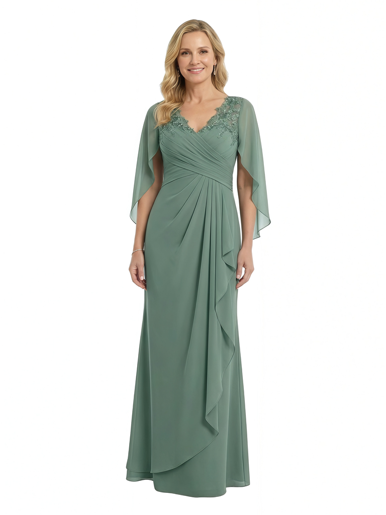 ChicSew Beautiful Cape Sleeve V-Neck Chiffon Ruffle Mother Of The Groom Dress With Lace Applique