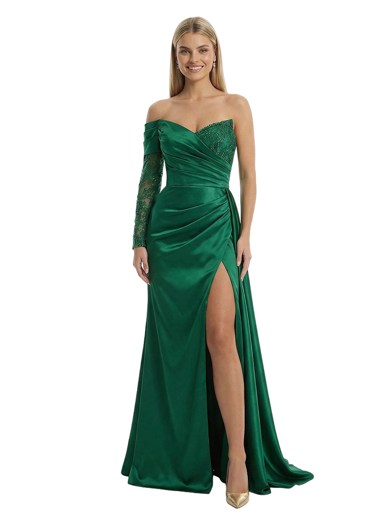 Sexy Asymmetrical Neckline Side Slit Mermaid Satin Prom Gown With One Lace Long Sleeve